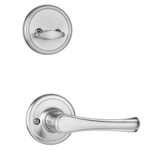Ridgecrest Front Door Handleset With Vail Lever, Satin Nickel US15 Finish, Adjustable Backset From Two Three Eighths To Two Three Quarters