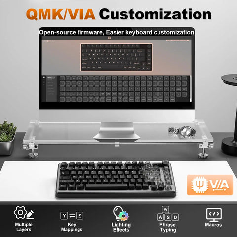 Compact 75 Percent Mechanical Keyboard Featuring Customizable LCD Screen And Rock Solid Volume Knob Equipped With Super Smooth Candy Switches For Seamless PC Gaming And Daily Grind Typing on a transparent desk with monitor.