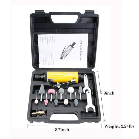 Compact Air Die Grinder With One Quarter And One Eighth Collets Grinds Out Lightning Speed At 22000 RPM with accessories in a case.