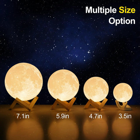 Four moon lamps of different sizes, including 3.5 inches, showcasing the Moon Lamp For Kids And Adults With Realistic 3D Moon Surface.