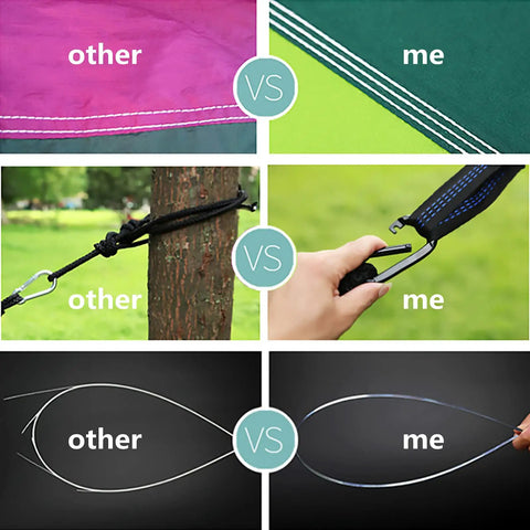 Comparison of Ultra Comfy Camping Hammock With Mosquito Net, 13ft tree straps vs standard ropes and fabric detail vs other materials