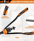 Close-up of Beefed Up 16 Inch Rivet Nut Tool with ergonomic handles made of heat-treated carbon steel, shown on a diagram.