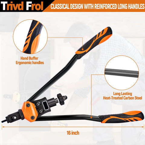 Close-up of Beefed Up 16 Inch Rivet Nut Tool with ergonomic handles made of heat-treated carbon steel, shown on a diagram.