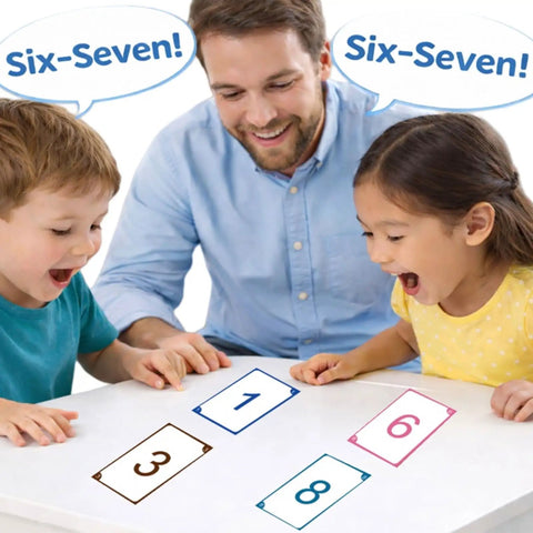 Family playing Fast Paced Equation Card Game Race To Make Six Or Seven Using Addition Subtraction Multiplication Or Division.