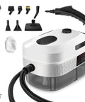 Hefty Handheld Steam Cleaner With Badass 2500 Watt Power And Snappy Fifteen Second Heat Up For Killer Grease Removal And No Sweat Deep Cleaning On Windows Tile And Cars Around Your Place accessories including brushes and nozzle.