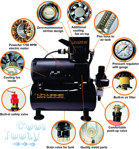Diagram of Quiet Airbrush Compressor With 3L Metal Tank, Oil Free, Pro Grade One Sixth HP 110V Motor, labeled parts