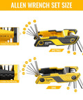 Folding Wrench Set 17-Piece With 9 SAE And 8 Metric Hex Keys showing visible size markings and open tools.