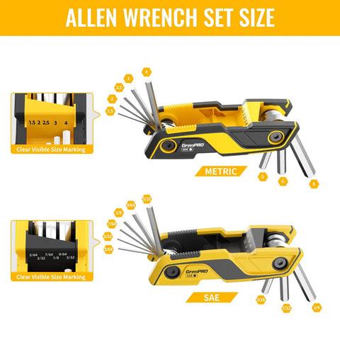 Folding Wrench Set 17-Piece With 9 SAE And 8 Metric Hex Keys showing visible size markings and open tools.