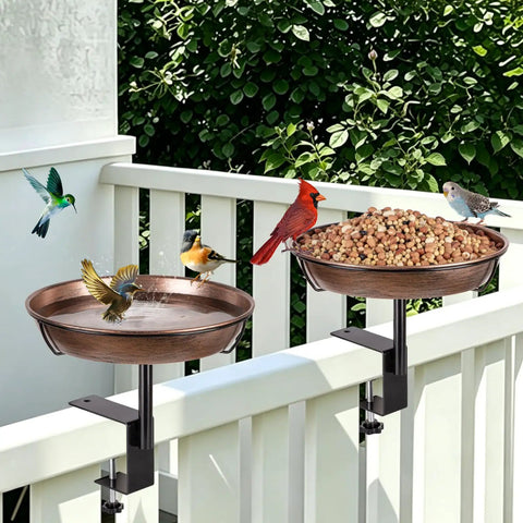 Badass Deck Mounted Metal Bird Bath For Your Backyard Folks With Detachable 12 Inch Birdbath Bowl and No Sweat Adjustable Railing Clamp For Rustproof Outdoors with birds enjoying water and food.
