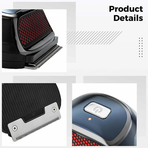 Close-up images of Powerful At Home Haircut Kit with 6500 RPM electric clippers, showing blades, textured design, and power button.