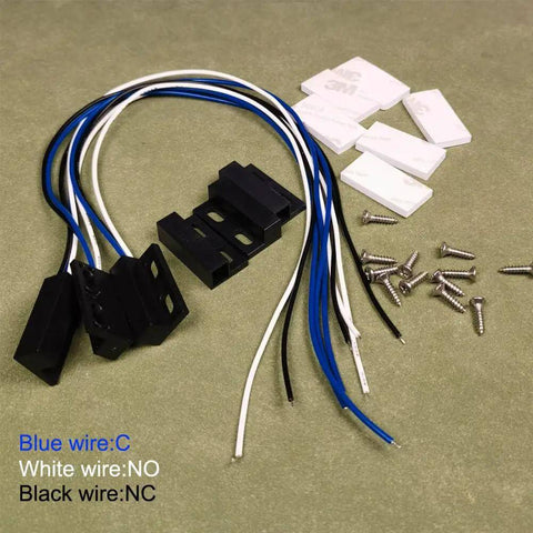 Three Sets NO NC Black Magnetic Door Sensor Reed Switch Kit with cables, screws, and stickers for security access control