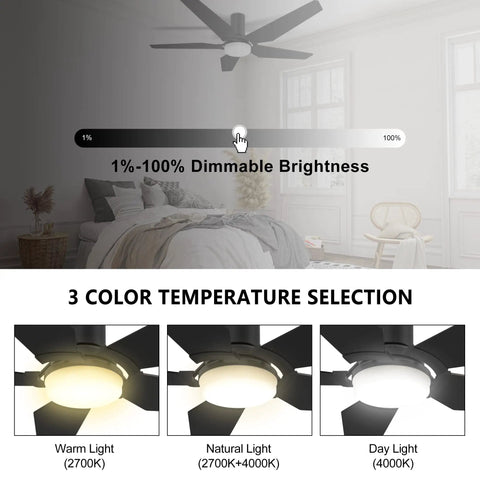 52 Inch Black Ceiling Fan With Lights For Indoor And Outdoor Use Remote Control Smart Fan in bedroom showcasing dimmable lights
