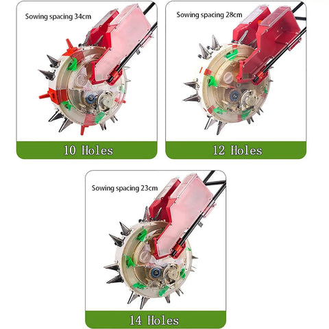 Hand Push Roller Seeder Spreader For Lawn And Garden With 14 Hole Row Seed Planter showing 10, 12, 14 holes configuration