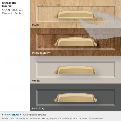 Champagne Bronze Cup Cabinet Pull 5 1 16 Inch Center To Center 6 3 8 Inch Overall Length Stature Collection shown on wood finishes