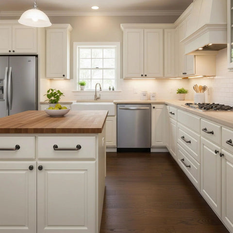 Modern kitchen with 10 Pack 3 Inch Hole Centers Oil Rubbed Bronze Cabinet Pulls With Clover Design Durable Metal Handles installed on cabinets.