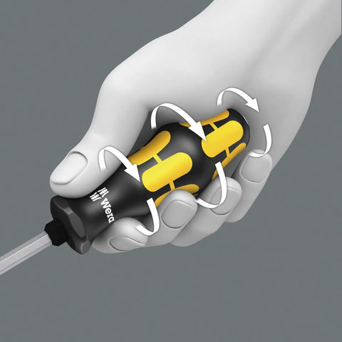 Hand gripping Kraftform Plus 932 A Slotted Screwdriver 9mm Head 6 Inch Blade Length, ergonomic handle showing rotation control.