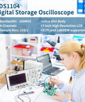 100MHz Four Channel Digital Storage Oscilloscope With 7 Inch LCD in electronics lab setting.