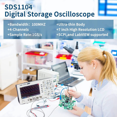 100MHz Four Channel Digital Storage Oscilloscope With 7 Inch LCD in electronics lab setting.