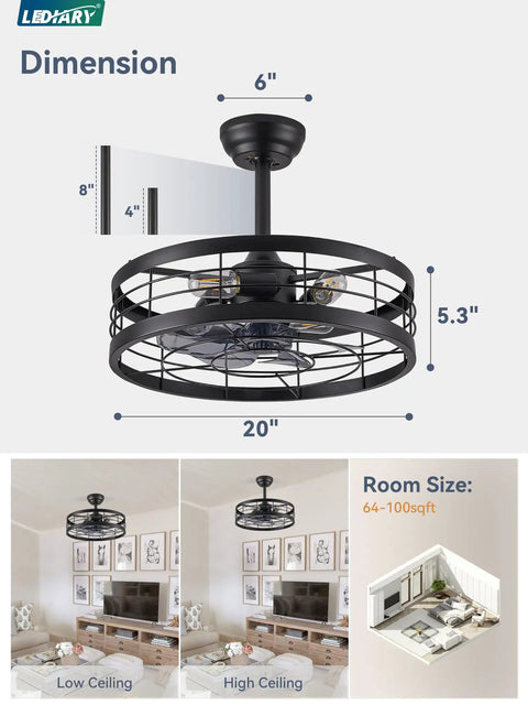 20 Inch Fandelier Caged Ceiling Fan With Light Dope Remote Control Bladeless Ceiling Fan Farmhouse Style Fixture dimensions