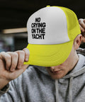Man wearing Yellow Breathable Trucker Hat For Men, Dope Athletic Cap built for sports and outdoor adventures, front view.