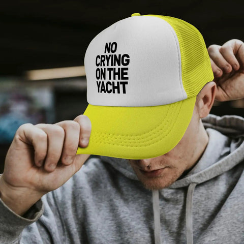 Man wearing Yellow Breathable Trucker Hat For Men, Dope Athletic Cap built for sports and outdoor adventures, front view.