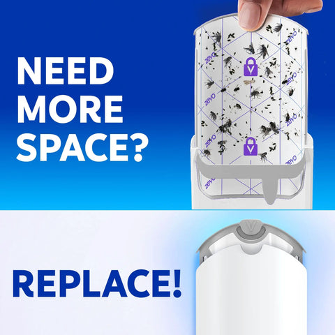 Straight Up Ruthless Flying Insect Trap Refill Cartridges For Fruit Flies And Gnats Total Plug In Pest Control Solution With Blue UV Lure 4 Count displayed being replaced in a Zevo device.