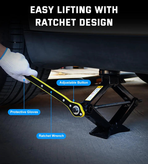 Tesla 2.5 Ton Scissor Jack Kit For Model Y Model 3 S X lifting car, easy ratchet wrench setup, secure lift with jack pads in use.
