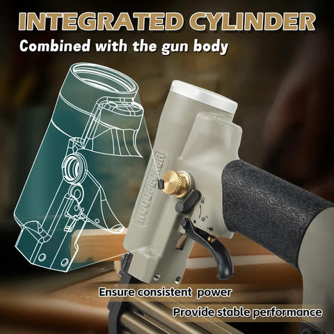 Close-up of a Pneumatic 18 Gauge Brad Nailer showing integrated cylinder design for 3/8 to 1-3/16 inch nail length range.