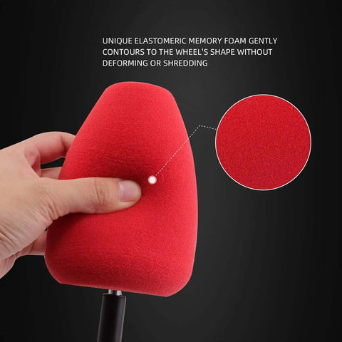 Close-up of red foam pad on Cylindrical Drill Polishing Tool For Wheels And Hubs With Foam Sponge Pads Buffing Wheel Auto Car Rim Polisher