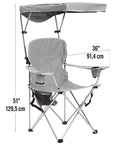 Canopy Shade Folding Chair For Camping With Adjustable Shade Canopy And Tilt UV Blocking 190T Polyester in royal blue with dimensions.