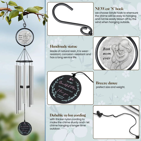 Ultimate 36 Inch Outdoor Wind Chimes Gift For Mom From Kids And Grandkids with engraved "best mom ever" resin statue, aluminum tubes.