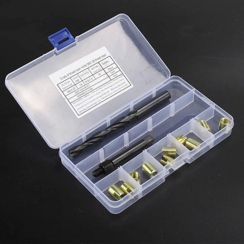 12 Piece M8 By 1.25 Thread Repair Kit With Self Tapping Inserts For Automotive, Military, Home Appliances, Engineering Plastics, And Die Castings, Built Tough To Stop Loosening And Resist Vibration. open case with M8x1.25 inserts, drill, and tool