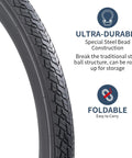 Close-up of 700C gravel bike tire with grippy block tread, 2-Pack 700C Gravel Bike Tire Set With Schrader Tubes And 2 Rim Strips description.
