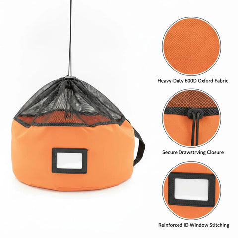 Heavy-Duty RV Water Hose Storage Bag with secure closure, 600D Oxford cloth, 7.9x7.1 inch, orange with ID window and drawstring.