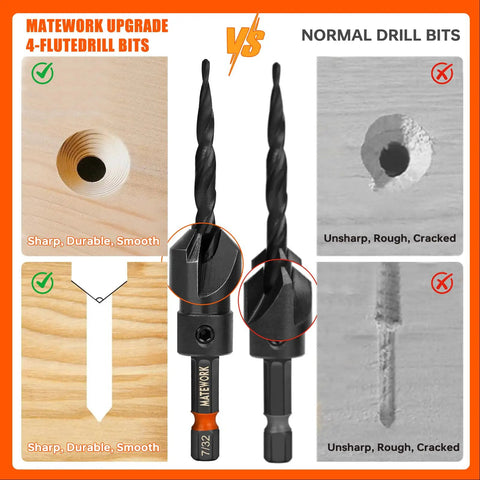 Comparison of sharp Matework upgrade 4-flute drill bits vs unsharp normal drill bits on wood surfaces.