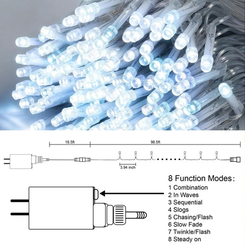 Close-up of Extra Long 98.5Ft 300 LED String Lights Indoor Outdoor Plug In Waterproof Fairy Lights With 8 Modes diagram