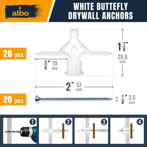 White butterfly drywall anchors and screws with installation steps from Drywall Anchor Kit With Screws 120 Piece Hollow Wall Set Including Grey Butterfly Anchors White Butterfly Anchors Self Drilling Anchors And 60 Screws For Hanging Shelves Pictures Cabinets And Other Wall Decor On Drywall.