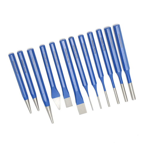 High Precision Chisel And Punch Kit 12 Piece Engraving Tools Set Made With CRVV Steel in blue finish on white background.