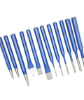 12 Piece Heavy Duty Chisel Punch Kit With Crv Vanadium Steel Tools, Blue Grip Handles For Precision Engraving Metal Woodworking And Carving Tasks Comes In Lockable Case. 12 blue-handled punches shown on white