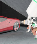 HVLP Gravity Feed Spray Gun Kit With 1.4mm 1.7mm 2.0mm And 2.5mm Nozzles 600ml Cup spraying red car for smooth finish