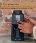 Pro Tier Stepless Grind Adjustment Coffee Grinder Featuring Precision Steel Burrs And Quick Release Design For Smooth Shot Pulling Or Effortless Daily Brewing In Slick Black Finish with digital display and user settings.