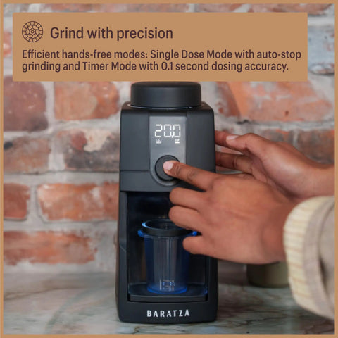 Pro Tier Stepless Grind Adjustment Coffee Grinder Featuring Precision Steel Burrs And Quick Release Design For Smooth Shot Pulling Or Effortless Daily Brewing In Slick Black Finish with digital display and user settings.