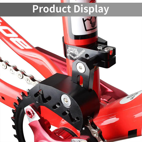 Side view of Go To Heavy Duty Aluminum MTB Chain Guide for Single Crank Bikes on red bike frame with deflector shield displayed