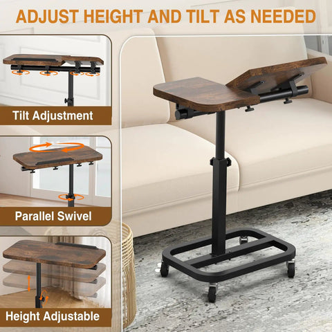 Go-To Large Size Portable Laptop Rolling Desk with wheels, adjustable height and tilt top, shown in ergonomic home setting.