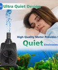 Killer 800 GPH Submersible Water Pump With Adjustable Flow Ultra Quiet Fountain Pump shown beside sleeping woman