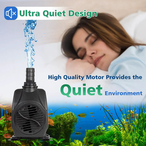 Killer 800 GPH Submersible Water Pump With Adjustable Flow Ultra Quiet Fountain Pump shown beside sleeping woman