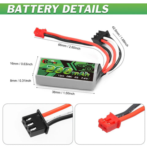 Image showing dimensions of 2 Pack 7.4V LiPo Battery 2S 20C 200mAh Rechargeable Lithium Battery With PH2.0 Plug For RC Cars.