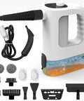 Powerful Handheld Steamer Uses 1200W Hot Steam To Cut Grease Fast, with nozzles and accessories for various cleaning tasks.