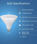 Diagram showing specifications of PAR38 Smart Flood Light Bulb With 2.4 GHz WiFi No Hub Needed RGBW Color Changing And Tunable White