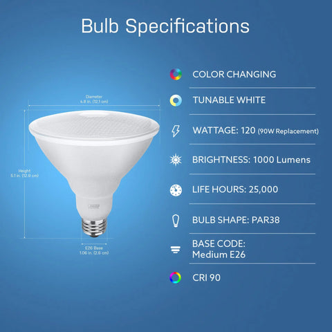 Diagram showing specifications of PAR38 Smart Flood Light Bulb With 2.4 GHz WiFi No Hub Needed RGBW Color Changing And Tunable White